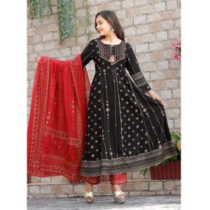Umbrella Kurta Set Cotton Printed Design With Dupatta Gown Salwar Set Black