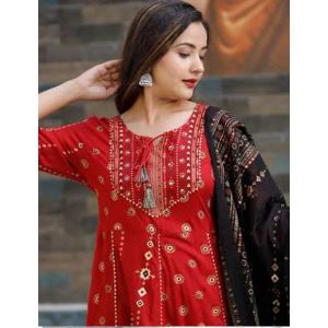Umbrella Kurta Set Cotton Printed Design With Dupatta Gown Salwar Set Red